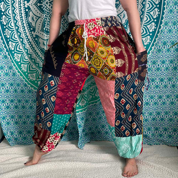 Patchwork Drawstring Cotton Pants with Front Pockets