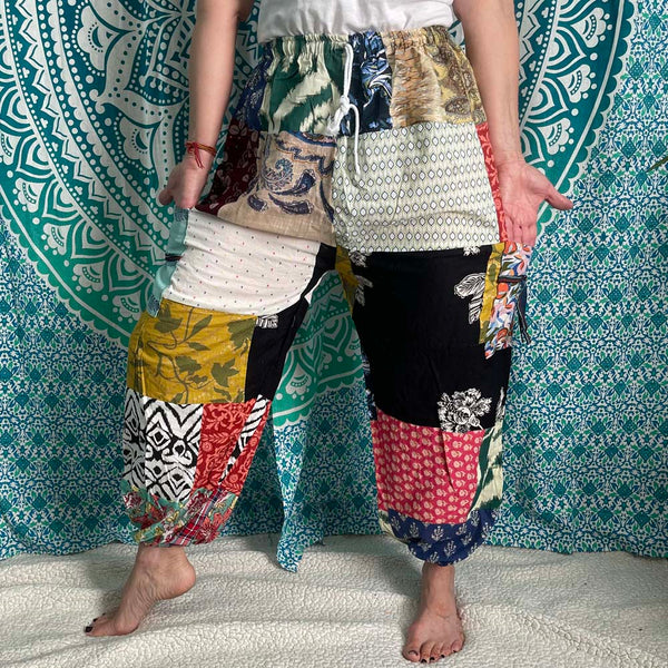 Patchwork Drawstring Cotton Pants with Front Pockets