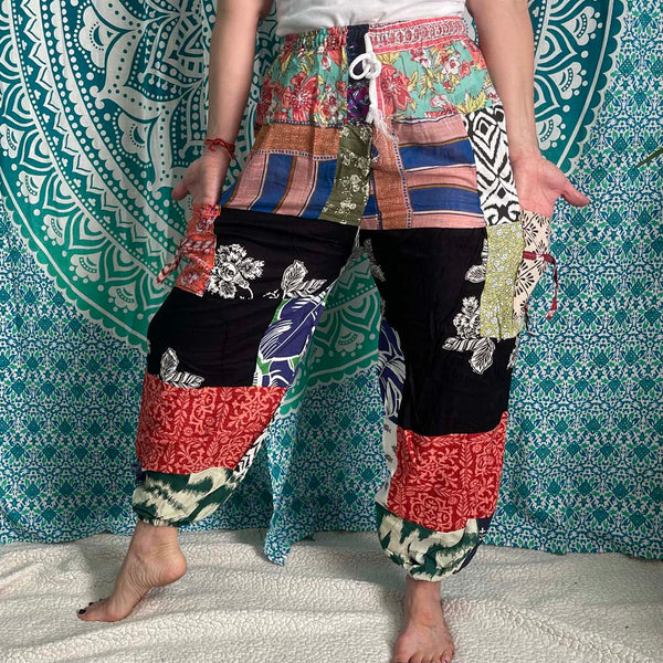 Patchwork Drawstring Cotton Pants with Front Pockets