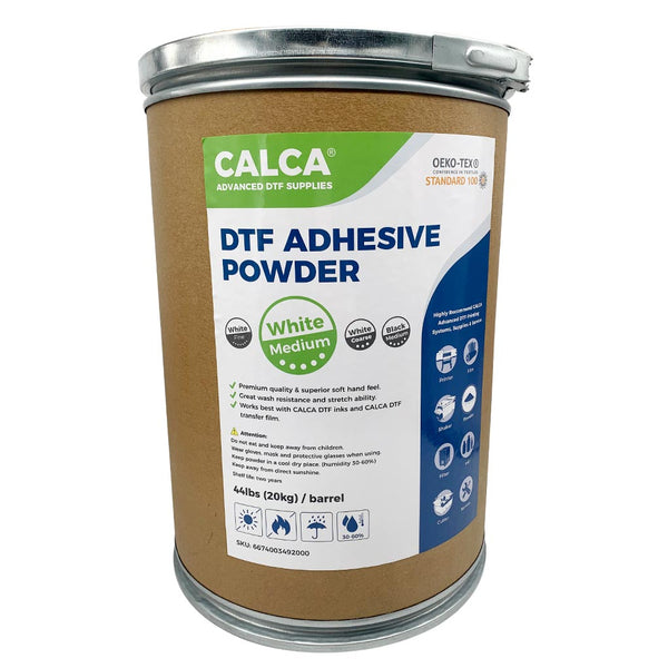 CALCA Direct to Film TPU DTF Powder, Digital Transfer Hot Melt Adhesive Powder (44lbs , 20kg/Barrel, Medium, White)