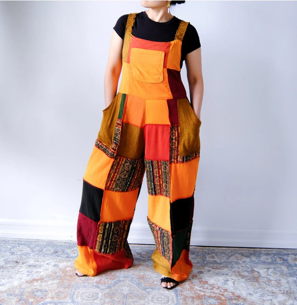 Solid Patchwork Cotton Wide Leg Jumpsuit