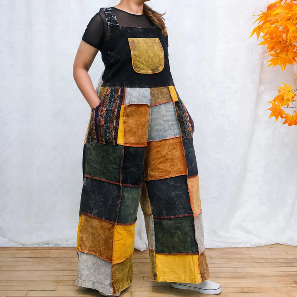 Patchwork Corduroy Wide Leg Jumpsuit