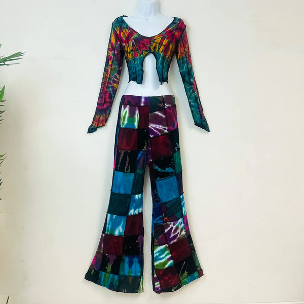 Patchwork Tie Dye Hippie Colorful Boho Wide Leg Pant