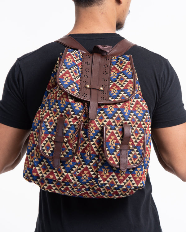 Tribal Woven Fabric with Faux Leather Backpack 01