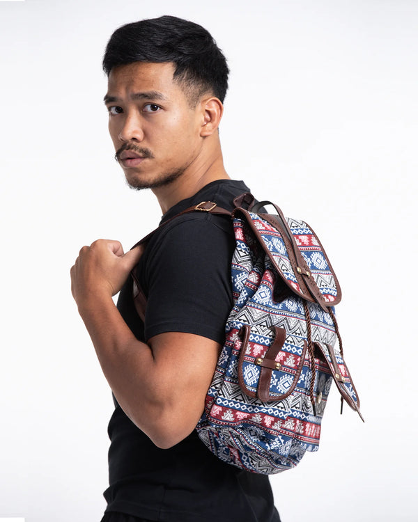 Tribal Woven Fabric with Faux Leather Backpack 02