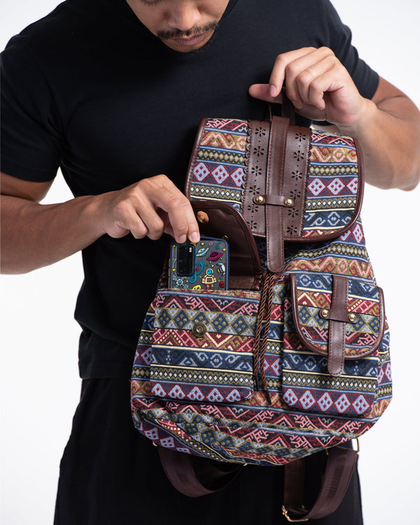 Tribal Woven Fabric with Faux Leather Backpack 03