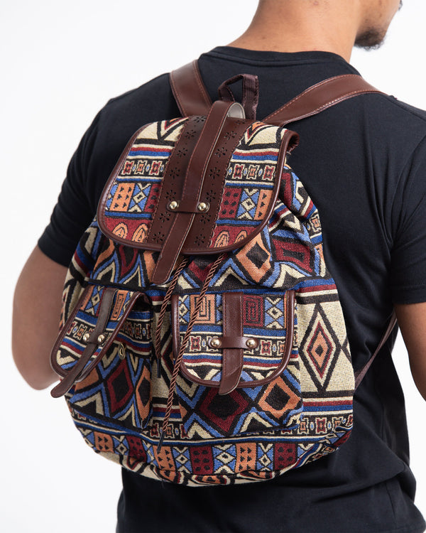 Tribal Woven Fabric with Faux Leather Backpack 04