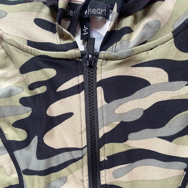 Camo zipper romper super close up